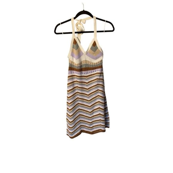 Pink rose, crocheted, dress, striped adjustable, halter, blue combo, dress, size - Picture 4 of 6